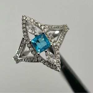 Trendy Art Deco Princess Cut Marquise Shape Blue Diamond CZ Silver Plated Ring